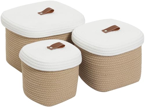Set of 3 Stylish Rectangular Woven Baskets with Lids - Elegant Storage Solution for Home Decor and Organization, Beige/White Lid