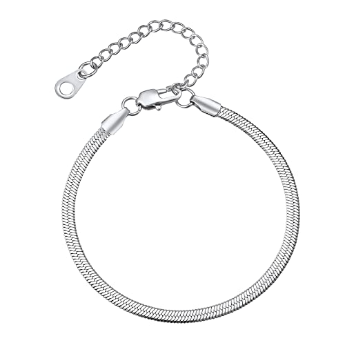 FindChic Elegant Herringbone Snake Chain Anklets/Bracelets 3MM/5MM Width Stainless Steel/18K Gold/Rose Gold Plated/Black 4 Color Options, 8.3'' 8.5'' 10.5'' Length, with Gift Box - color: B: 3mm 6.3'' bracelet (Stainless Steel)