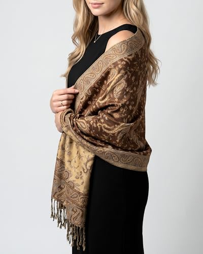 Achillea Reversible Paisley Pashmina Rave Scarf – Exotic Indian Shawls and Wraps for Evening Dresses, Festivals, All Seasons - color: Brown