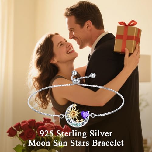 925 Sterling Silver Moon and Sun Star Adjustable Link Bracelet for Women with 12 Month Birthstone Birthday Jewelry - style: 02 - Feb.