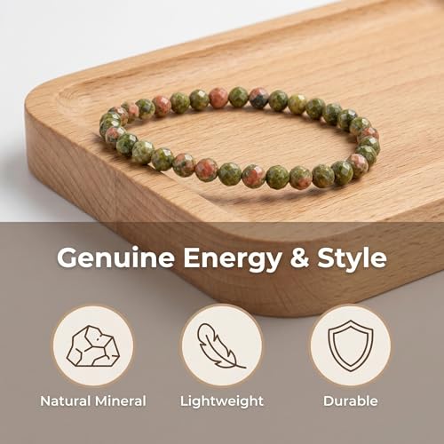 Angelstones Natural Gemstone Small Beaded Stretch Bracelet, 4mm Faceted Round Beads, Crystal Healing Bracelet for Women - color: Unakite
