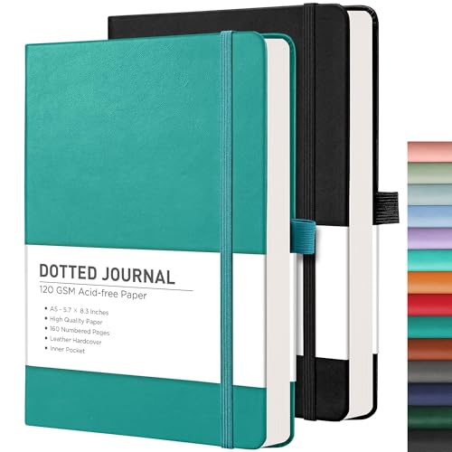 RETTACY Dotted Journal Notebook, 2-Pack, 160 Numbered Pages per Pack, A5 Medium Size (5.7'' x 8.3''), 120 GSM Thick Paper, Leather Hardcover, for Journaling, Planning, Tracking (Black & Cyan) - color: Black & Cyan, style: Dotted