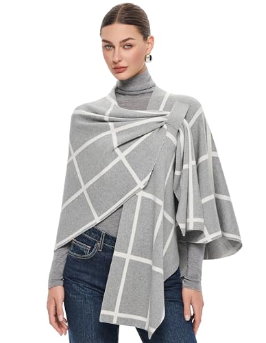 PULI Womens Elegant Cross Front Shawl Wraps Knitted Ponchos Cape Light Weight Poncho Sweater Soft Warm Travel Wraps - color: Classic Check-light Heather Gray and Ivory White