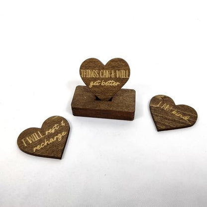 Positive Affirmation Wood Cutouts | 72 Unique Laser Engraved Wood Hearts with Positive Affirmation Messages | Includes Desktop Affirmation Holder | Daily Motivational Gift - style: Affirmation Chips