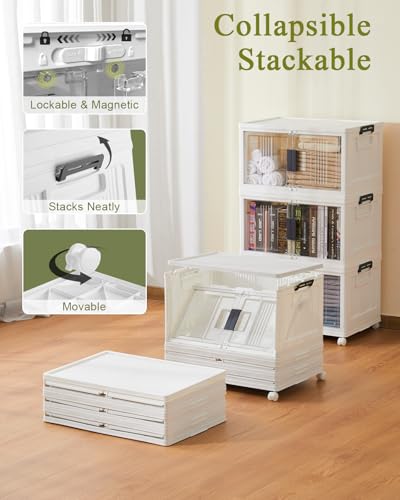 OlarHike 144QT Lockable Storage Bins with Lids - Folding Storage Cabinet with Doors & Wheels, Collapsible Plastic Box for Closets, Office, Gathering, Stackable Organizer & Containers, Gifts, 3 Pack - size: 48QT-White, style: 3Pack