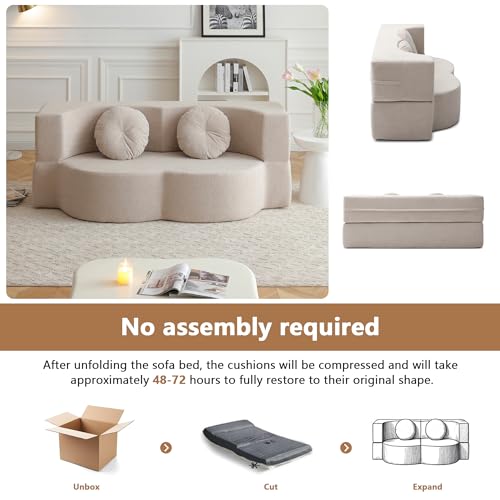 2-in-1 Folding Sofa Bed with Pillow, No Assembly Futon Twin Size Sofa Bed, Breathable Linen-Cotton Convertible Couch Bed for Living Room and Guest Room, 75.5 Inch,Khaki - color: Khaki-75.55", size: 2 seat