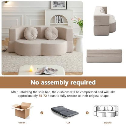 2-in-1 Folding Sofa Bed with Pillow, No Assembly Futon Twin Size Sofa Bed, Breathable Linen-Cotton Convertible Couch Bed for Living Room and Guest Room, 75.5 Inch,Khaki - color: Khaki-75.55", size: 2 seat