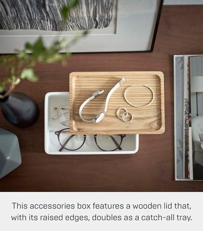 YAMAZAKI Home Rin Accessory Box With Wooden Lid For Jewelry, Watches, Or Sunglasses - Polystone - color: Ash