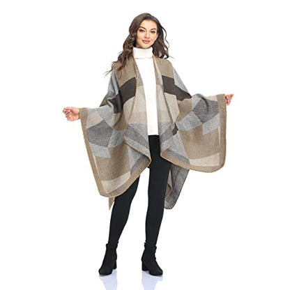 Shawl Wraps for Women, Elegant Knitted Cape Open Front Poncho Scarf Blanket Cardigan Coat for Spring, Autumn, and Winter - color: Gray Khaki