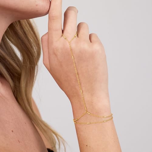 Gold Bracelets for Women, 14K Gold Plated Hand Chain Bracelet for Women Trendy Finger Ring Bracelet Hand Chain Dainty Adjustable Hand Chain Jewelry Gifts for Women - color: layered