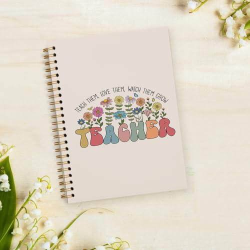 Teacher Appreciation Gifts, Groovy Floral Teacher Notebook, Teacher Gifts for Women, Thank You Teacher Gifts, Teacher Desk Supplies, Teach Them Love Them Spiral Notebook 5.5x8.3 Inch - color: Teacher - White