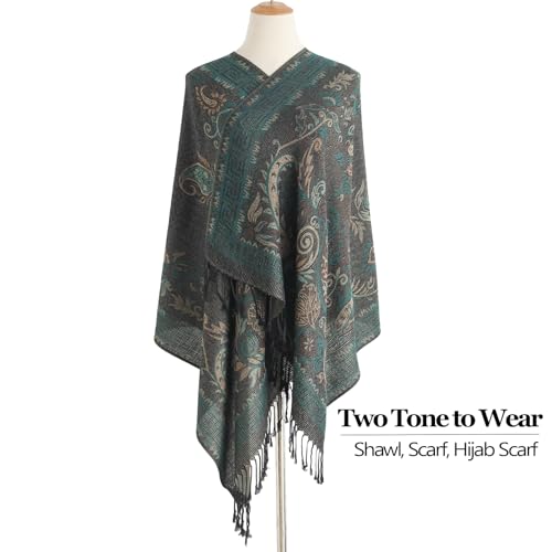Paisley Pashmina Rave Shawl Scarf-Women's Reversible Ethnic Jacquard Pashmina Wraps for Travel - color: B#. Black Cyan