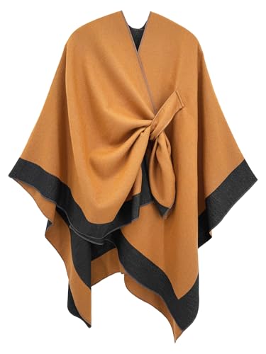 Women's Elegant Shawl Wraps, Soft Open Front Poncho Cape, Reversible Casual Cardigan Shawls for Gift Travel - color: Bronze-black