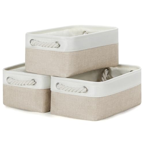 Bidtakay Small Baskets Fabric Storage Baskets for Organizing 3-Pack 12x8x5 Inch Collapsible Storage Bins for Shelves Canvas Bins for Closet Organization Baskets Storage Linen Closet S-White&Beige - color: White&Beige, size: 3 Pack-S-12x8x5 In