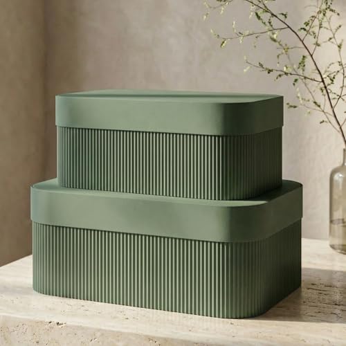 ZICOTO Decorative Storage Boxes with Lids - Set of 2 Beautiful Fluted Photo Organizer Bins for Your Home Bookshelf Decor to Safely Store Your Documents, Memory Box Items and Other Keepsakes in Style - color: Sage