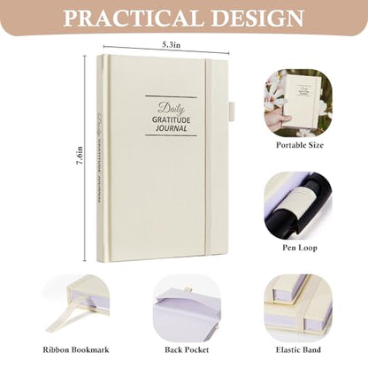 Comkiso Gratitude Journal with 4 Inspirational Stickers: Undated Daily Gratitude Journal for Women and Men - More Happiness, Affirmation, and Mindfulness in A Few Minutes with Prompts & Quotes (Beige) - color: A. Beige