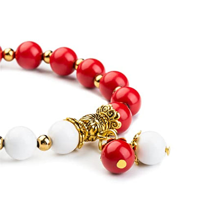 Natural Stretch Gemstone Bracelet Healing Stone Beaded Bracelets for Women Men Gifts (Unisex) - color: red white stone