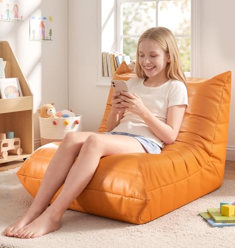 Hobestluk Small Bean Bag Chair Waterproof Leather Beanbag Lazy Floor Sofa Bean Bags with Memory Foam Filled Lounge Sofa Armless Chair for Bedroom Playroom and Reading Dorm Easy Clean (Orange, Medium) - color: Orange, size: Medium