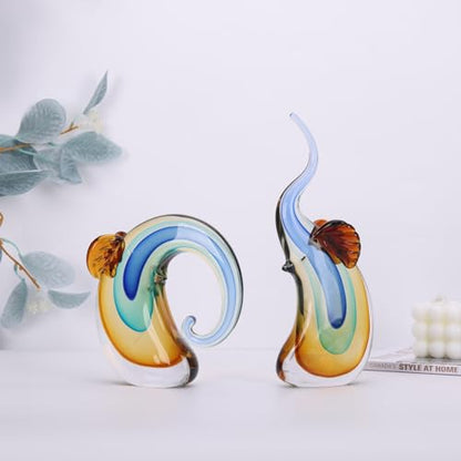 suruim Hand Blown Murano Glass Elephant Statues Set - Luxury Sculptures Home Decor for Living Room & Office Art Glass Ornament Animal Collectible (Blue)