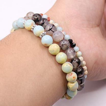 Tree of Life Yoga Healing Stone Bracelets,Multilayer Lotus Chakra Stone Reiki Bracelet Sets,Anxiety Crystal Natural Stone,for Women Stress Relief - style: Light cyan + Dragon pattern Stone