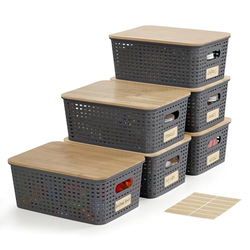 Bagnizer Small Plastic Storage Bins with Bamboo Lids 5.2qt Stackable Box Basket Pantry Decorative Containers Cute with Lable for Organizing Desktop Closet Office Gray of 6 packs 10 * 7.2 * 4.1" - color: Gray, size: Small- 6 Pack