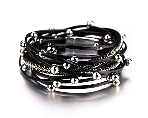 Fesciory Leather Wrap Bracelets for Women, Boho Leopard Multi-Layer Crystal Beads Cuff Bracelet Jewelry - color: A4:Black Beads(Double Wrap)