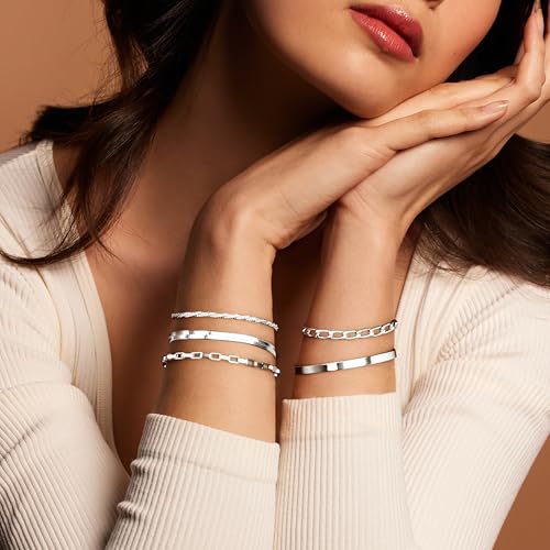 Dainty Gold Bracelet for Women Stack, Thin Bracelets Stackable Set with Bangle Cuff, Box, Herringbone, Paperclip, Figaro, Sparkling Link Chains Waterproof, Simple Jewelry Gifts for Women Non Tarnish - color: style 03-silver