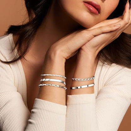 Dainty Gold Bracelet for Women Stack, Thin Bracelets Stackable Set with Bangle Cuff, Box, Herringbone, Paperclip, Figaro, Sparkling Link Chains Waterproof, Simple Jewelry Gifts for Women Non Tarnish - color: style 03-silver