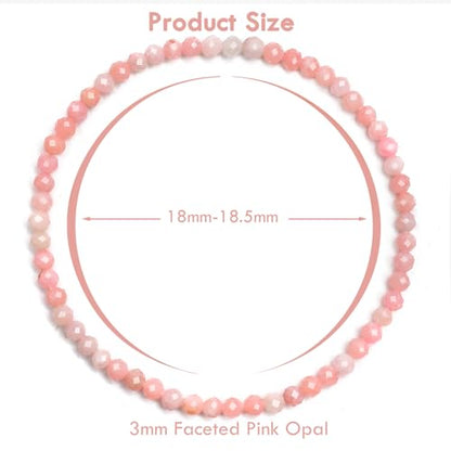 BONNY BOXX Natural Genuine Gemstone Faceted Round Beads Bracelets, 3mm Adjustable Stretchy Tiny Faceted Black Tourmaline Bracelet, Healing Crystal Reiki Chakra Dainty Jewelry Fashion Gifts - color: Pink Opal
