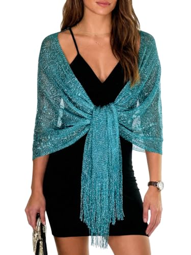 Sumolux Shawls Wraps for Evening Dresses Metallic Glitter Shawls Scarf for Women Sparkling Wedding with Free Buckle - color: Peacock Blue