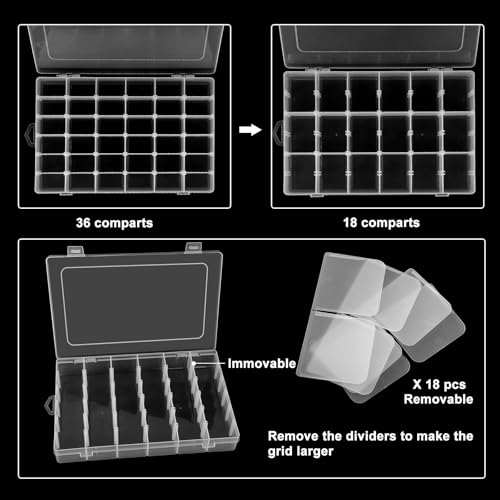 4 Pack 36 Grid Bead Organizer Box, Clear Plastic Small Parts Organizer with Dividers, Bead Storage Containers for Jewelry Craft DIY Thread Fishing Tackle