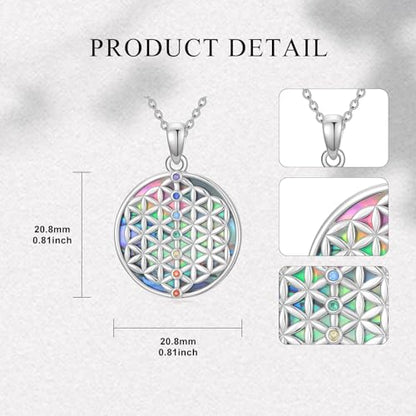 Flower of Life Necklace 925 Sterling Silver Chakra Pendant 7 Chakra Flower of Life Jewelry for Women Men