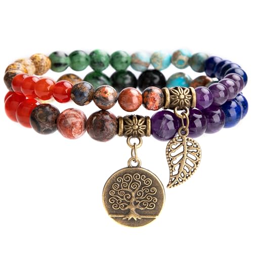 Bivei Natural Semi Precious Gemstone beads bracelet for women - Life Tree and Leaf Charm Energy Reiki Crystal Stretch Bracelets - color: # 7 chakras bracelet set- Bronze, size: Medium:6.8-7.24inch