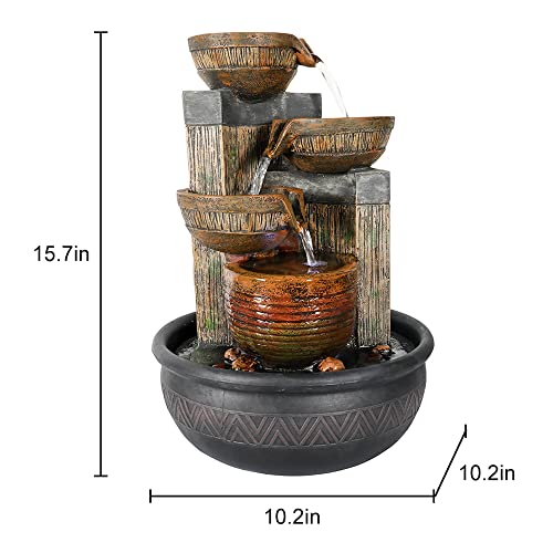 15.7''H 4-Tier Relaxation Indoor Tabletop Waterfall Fountain with LED Lights Desktop Fountains Calming Sound for Home Office Bedroom Decor (Brown, 15.7inch)