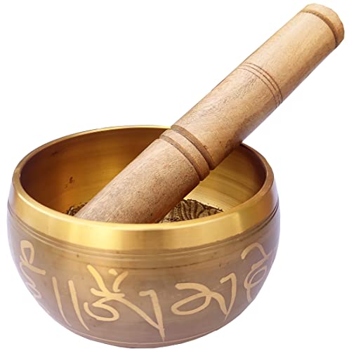 Purpledip Bell Metal Singing Bowl: Buddhist Tibetan Musical Instrument For Dhyana & Meditation (10781) - style: Scripture design | 5 inches | Gold