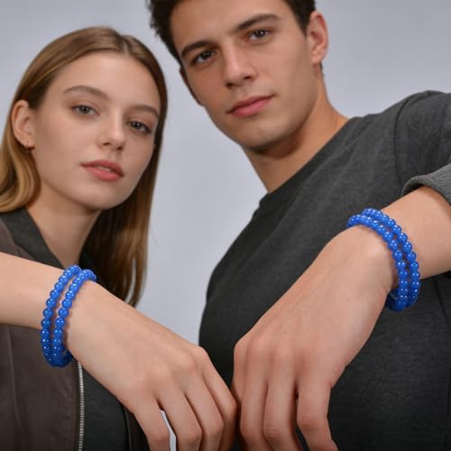 14in Agate Wrap Bracelet for Women Men Natural Round Beaded Agates Stone Healing Stretch Bracelets Elastic Handmade Polished Gemstone Beads Bracelet - color: Blue Agate, size: 6mm Beads