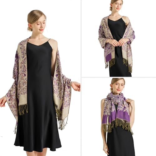 Silky Paisley Pashmina Shawl Scarf-Women's Soft Double-side Jacquard Pashminas Wrap for Evening Dress Travel Shawl - color: B-purple/Beige