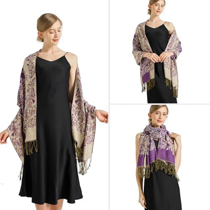 Silky Paisley Pashmina Shawl Scarf-Women's Soft Double-side Jacquard Pashminas Wrap for Evening Dress Travel Shawl - color: B-purple/Beige