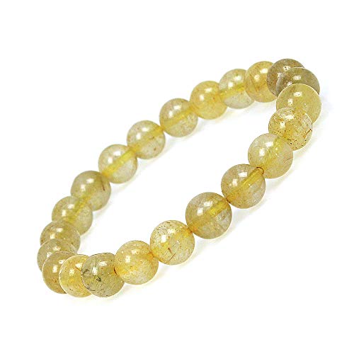 MJDCB Featured Men Women 8mm Beads Bracelet Elastic Natural Stone Yoga Bracelet Bangle 6.7" - color: Gold Quartzrutilated