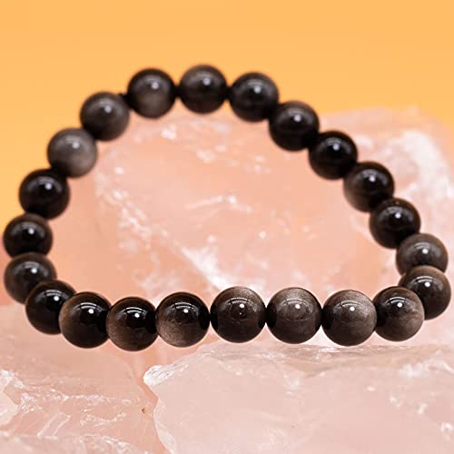 8mm Natural Gemstone Stretch Bracelet, Handmade Unisex Crystal Bracelets for Meditation, Yoga, Spiritual Healing & Positive Energy - color: Silvery Obsidian