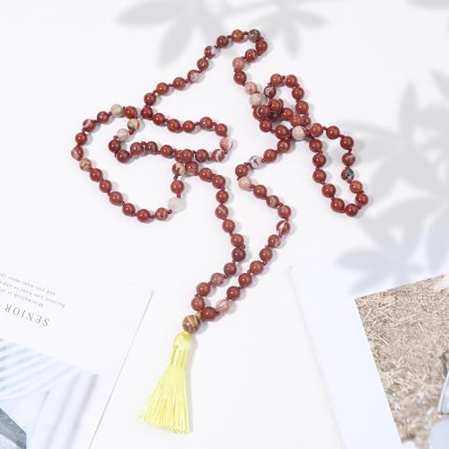 8MM Beads Chakra Long Mala Necklace Natural Stone Meditation Statement Necklace Japa Yoga Buddhist Rosary Prayer Charm Beaded Tassel Necklace - color: Redstone