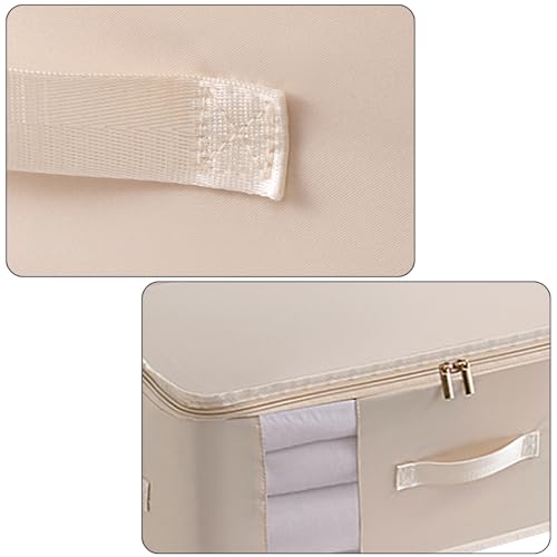 3 Pack Large Canvas Storage Bags, Zipper Closet Organizers Thick Handles Clear Window, Foldable Cotton Linen Containers for Clothes Sweater/Bedding（Oatmeal） - color: Oatmeal