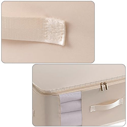 3 Pack Large Canvas Storage Bags, Zipper Closet Organizers Thick Handles Clear Window, Foldable Cotton Linen Containers for Clothes Sweater/Bedding（Oatmeal） - color: Oatmeal