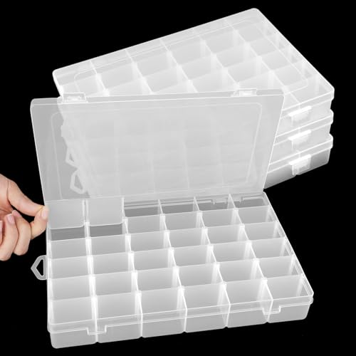 4 Pack 36 Grid Bead Organizer Box, Clear Plastic Small Parts Organizer with Dividers, Bead Storage Containers for Jewelry Craft DIY Thread Fishing Tackle