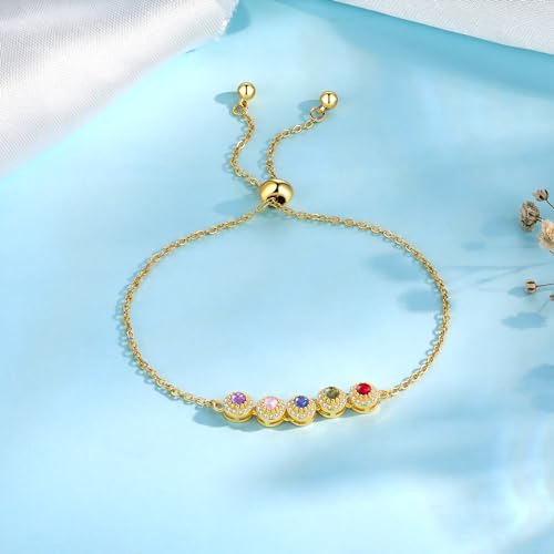 Personalized Birthstone Bracelet for Women – 925 Sterling Silver Adjustable Family Mothers Day Bracelet with Birthstones, Mothers Day, Christmas,Birthday Gift for Mom, Grandma, Wife, Bridesmaid - color: A-5 Birthstones