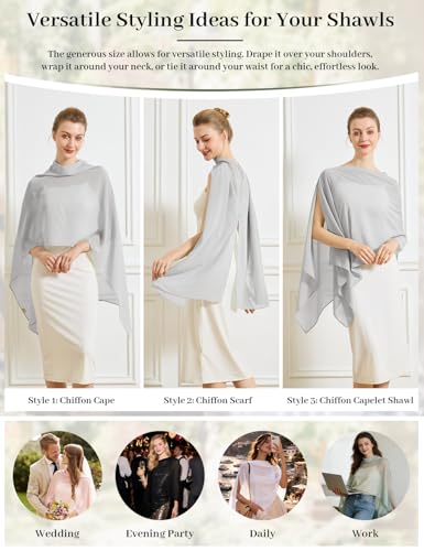 Chiffon Cape Shawl Wrap Scarf 3 Ways to Wear Elegant Sheer Capelet for Evening Dresses Weddings Parties - color: Silver