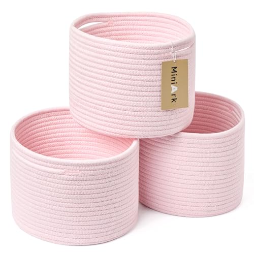 MiniArk Small Basket for Organizing | Cube Shelf Closet Storage Baskets | 9.7×9.7×7.1” | Woven Rope Gift Basket | Nursery | Round 3 Packs Light Pink - color: Light Pink, size: Round-7L (⌀9.7"×H7.1")