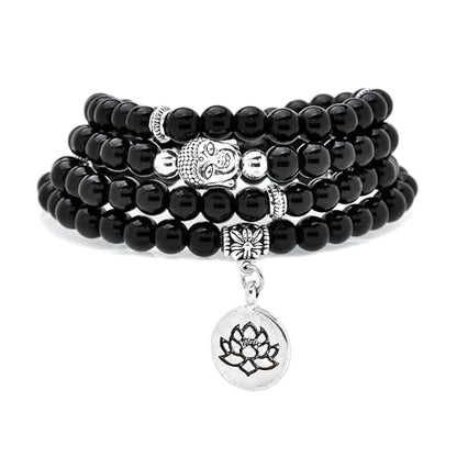 6mm 108 Mala Beads Bracelet, Yoga Zen Necklace with Buddha and Lotus Charm for Prayer - style: Black Agate