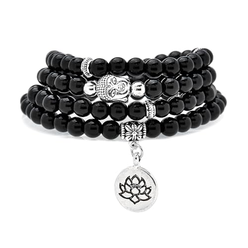 6mm 108 Mala Beads Bracelet, Yoga Zen Necklace with Buddha and Lotus Charm for Prayer - style: Black Agate