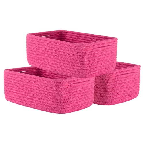 Small Woven Basket, 12 x 8 x 4.5 Inches, Storage Basket for Organizing, Cute Small Rope Shelf Closet Cube Storage Bins Baskets for Shelves, Dog Toy Gift Baskets Empty, 3 Packs, Hot Pink - color: Hot Pink, size: 12"L x 8"W x 4.5"H